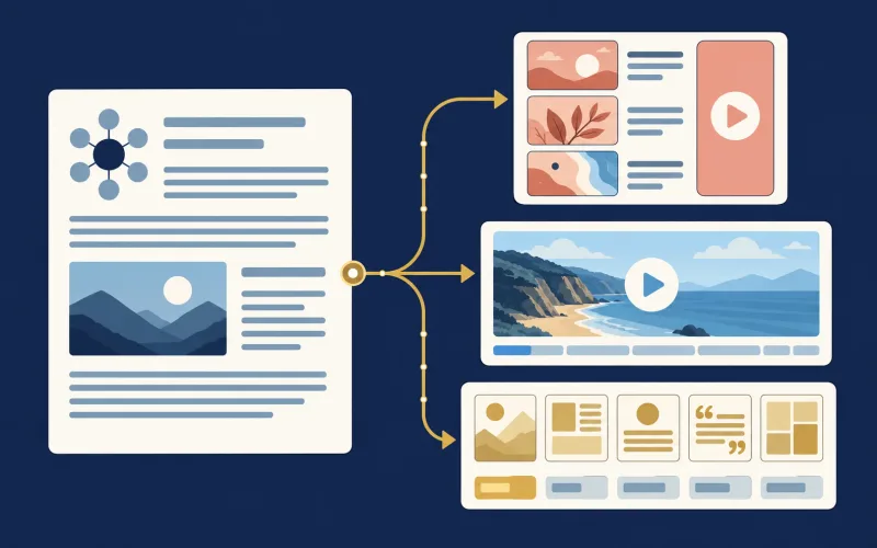 One article branching into vertical video, horizontal video and templates