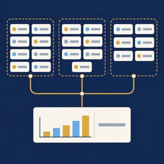 Three groups of site cards joining one report card